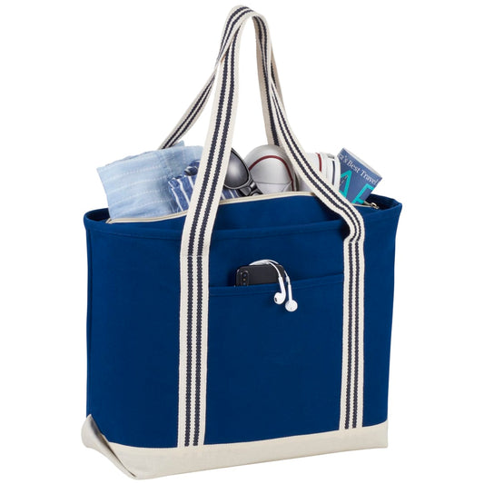 Front View of Blue Atlantic Stripe 20oz Cotton Zippered Tote