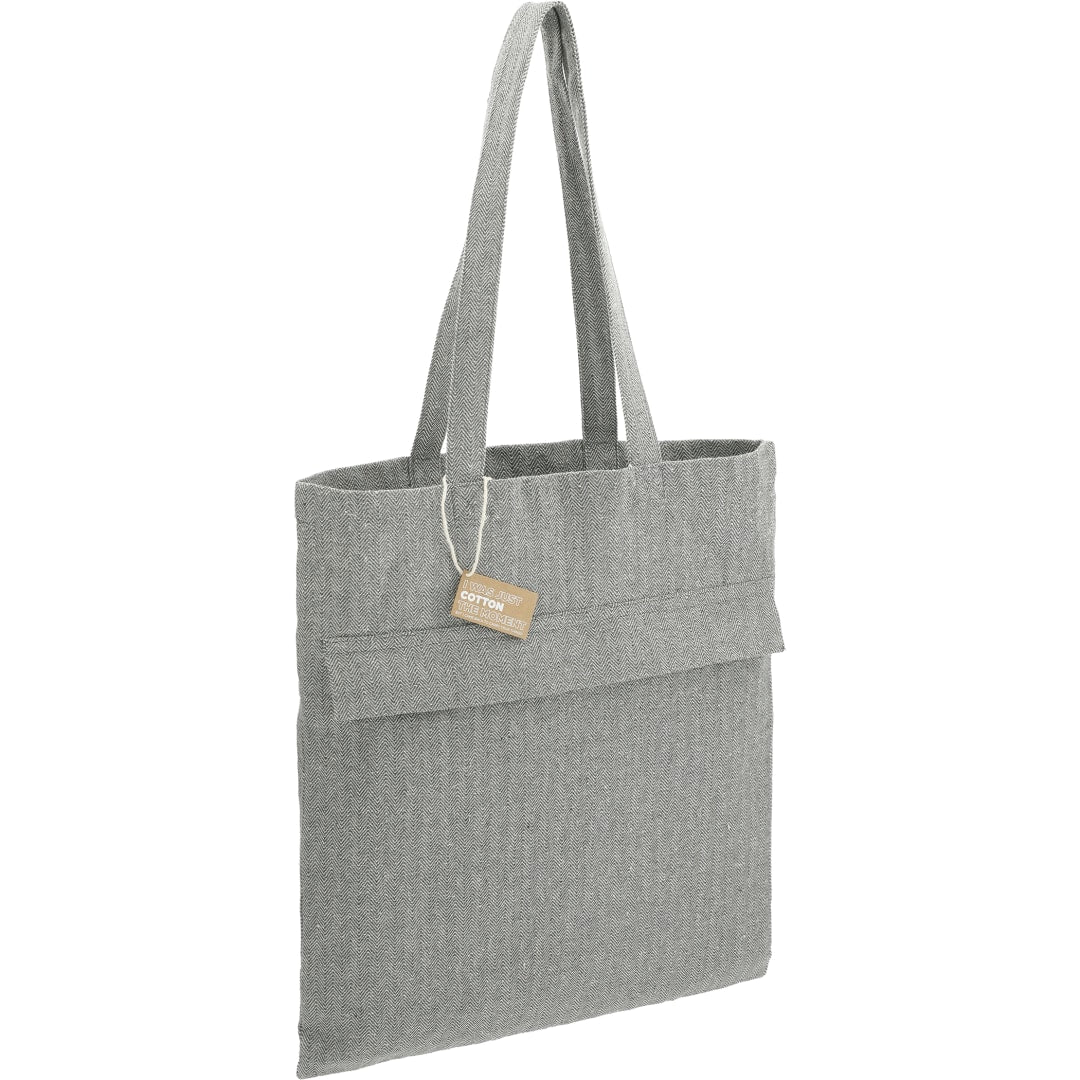 Front View of Gray Recycled Cotton Herringbone Tote w/Zip Pocket