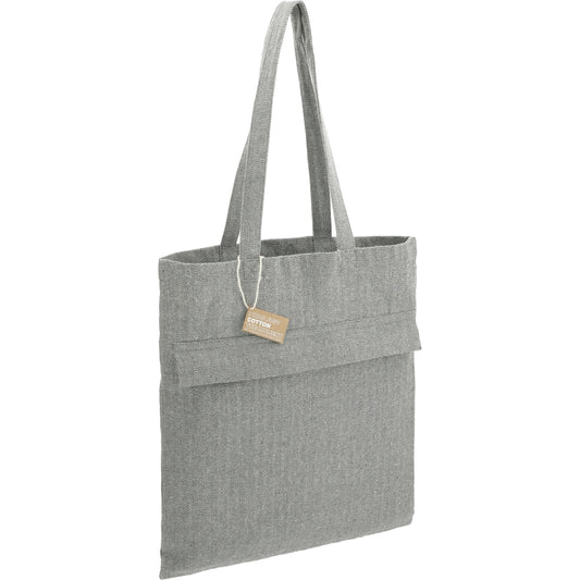 Front View of Gray Recycled Cotton Herringbone Tote w/Zip Pocket