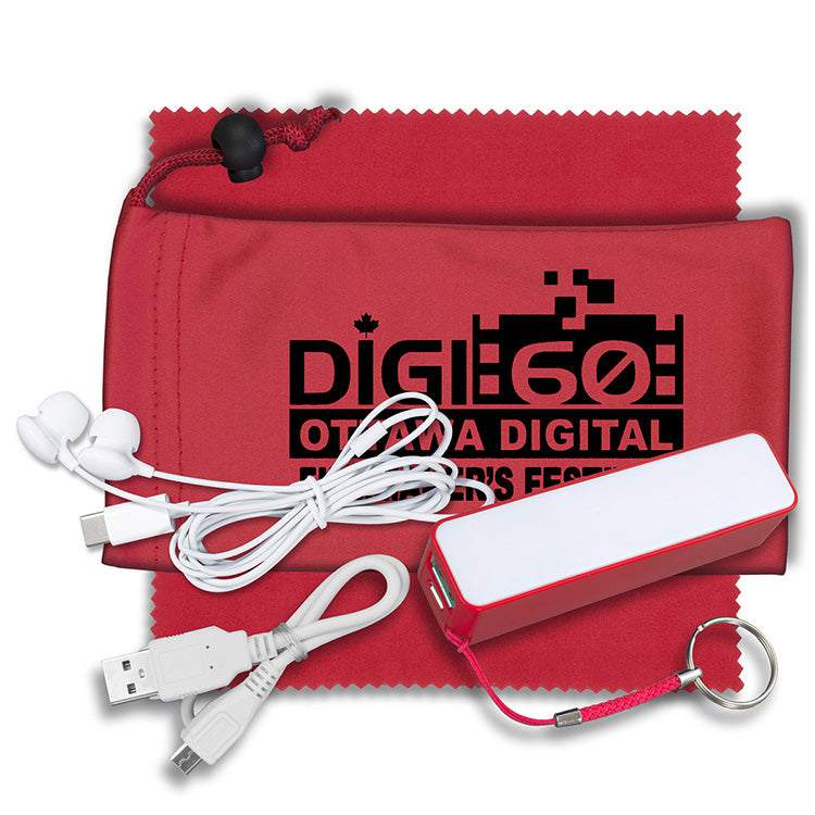 Mobile Tech Power Bank Accessory Kit with Earbuds in Microfiber Cinch Pouch