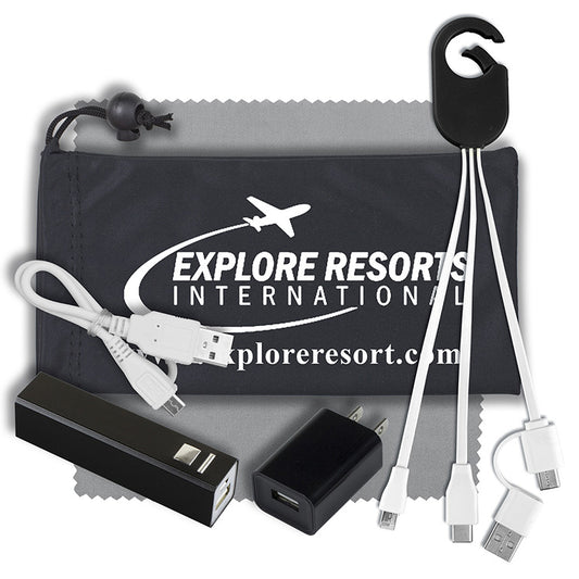 Mobile Tech Metal Power Bank Charging Kit with Microfiber Cloth in Microfiber Cinch Pouch
