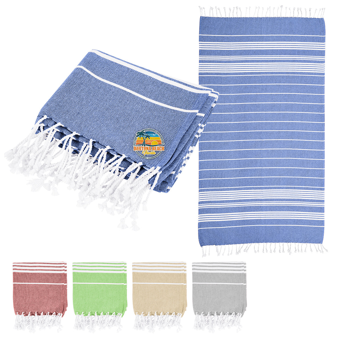 BLUE Recycled Beach Blanket With Tassel Fringe
