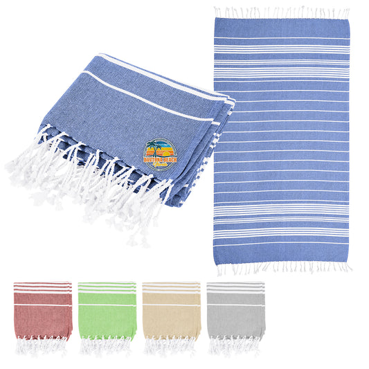 BLUE Recycled Beach Blanket With Tassel Fringe