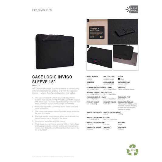 Black Case Logic Invigo Recycled 16” Laptop Sleeve