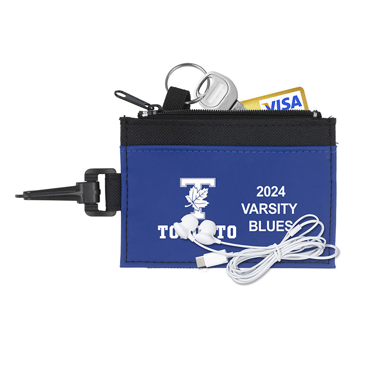 Mobile Tech Earbud Kit in Travel ID Wallet Components inserted into Zipper Pouch ID Wallet