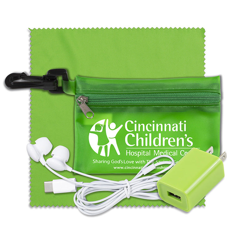 “TechClear” Mobile Tech Accessory Kit in Translucent Carabiner Zipper Pouch Components inserted into