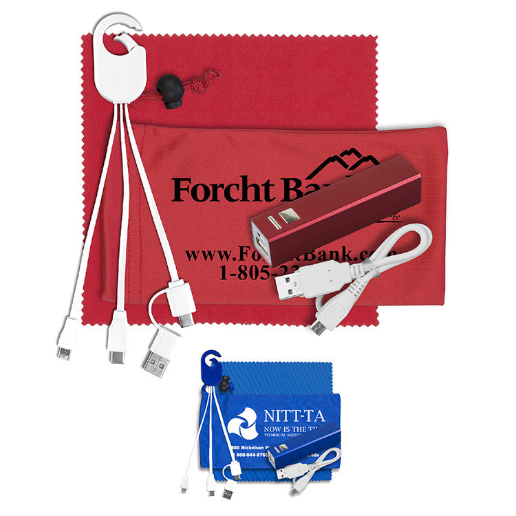 Red Mobile Tech Metal Power Bank Charging Kit in Microfiber Cinch Pouch Components inserted into Zipper