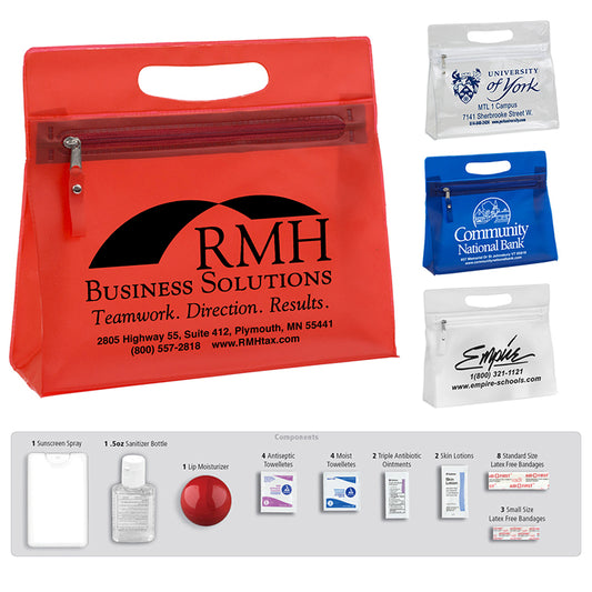 Frosted Blue "UP, UP AND AWAY" 27 Piece Advanced First Aid Travel Kit in Vanity Travel Pack with Zipper Component