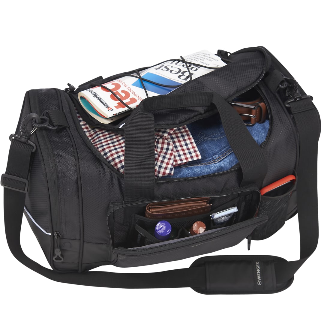 Front View of Black Wenger Apex 20" RPET Sport Duffel