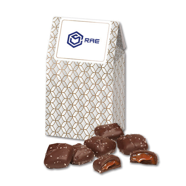 Chocolate Sea Salt Caramels in Silver & Gold Geometric Gable Top Gift Box