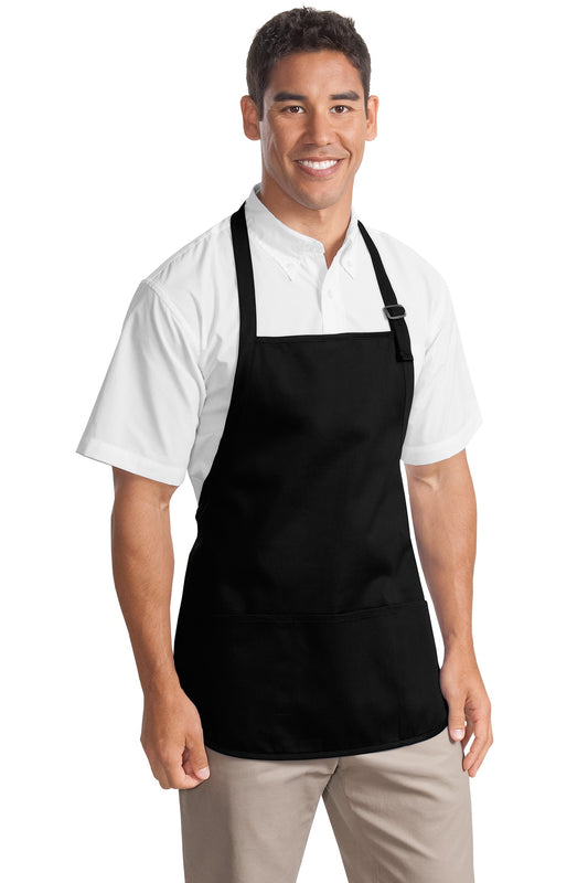 Front View of Black Port Authority Medium-Length Apron with Pouch Pockets. A510