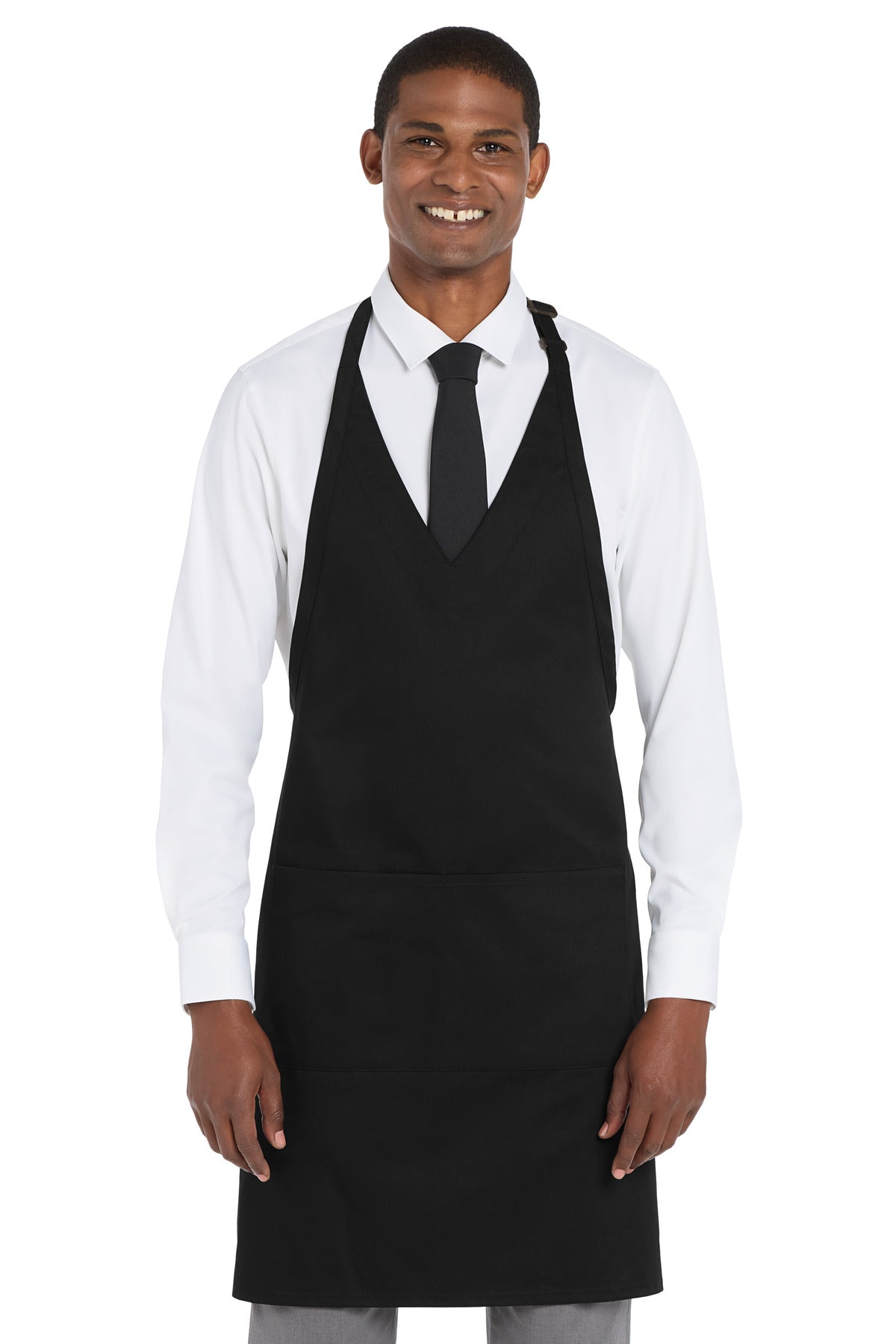 Front View of Black Port Authority Easy Care Tuxedo Apron with Stain Release. A704