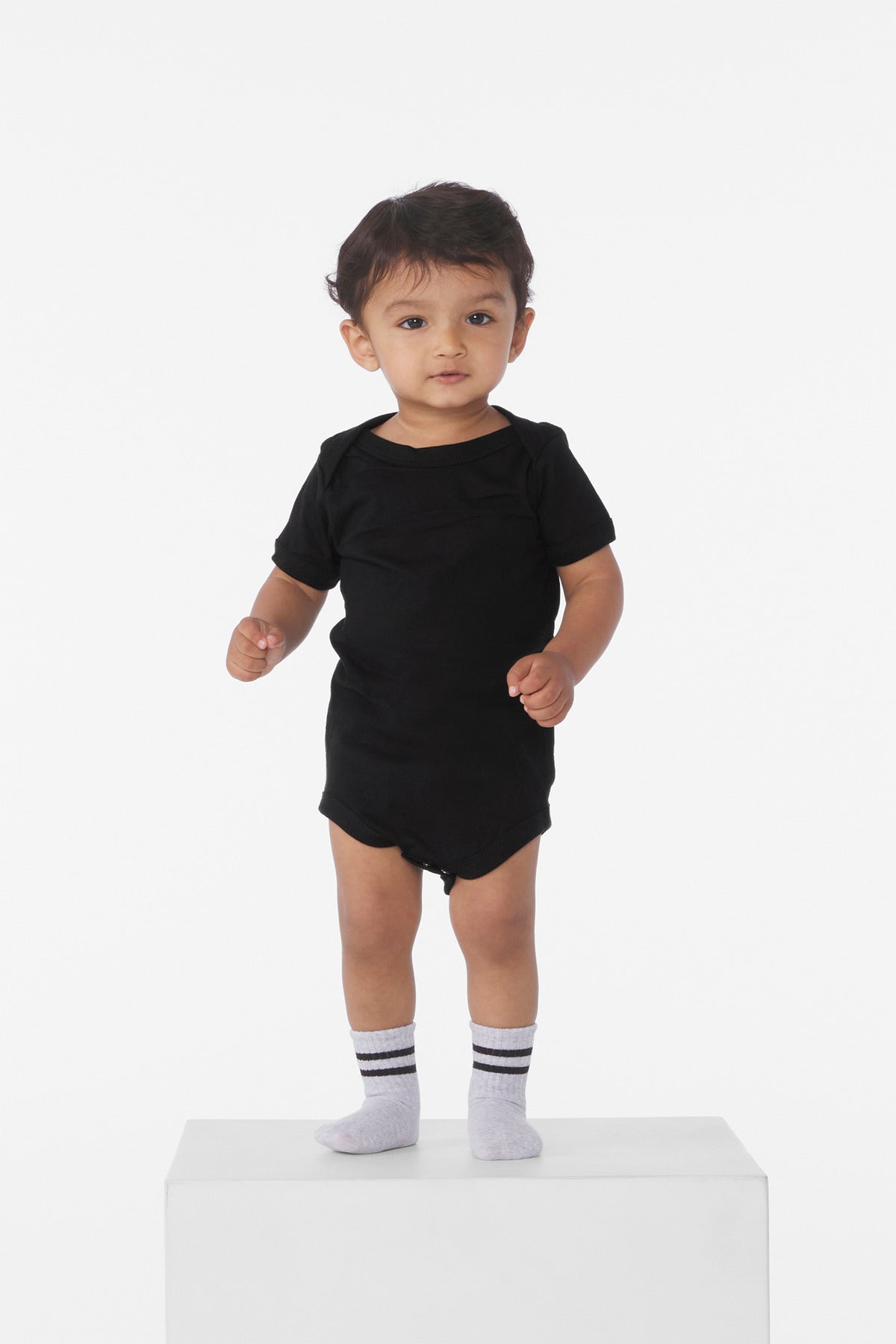 Front View of Black BELLA+CANVAS Infant Jersey Short Sleeve One Piece BC100B - 1218