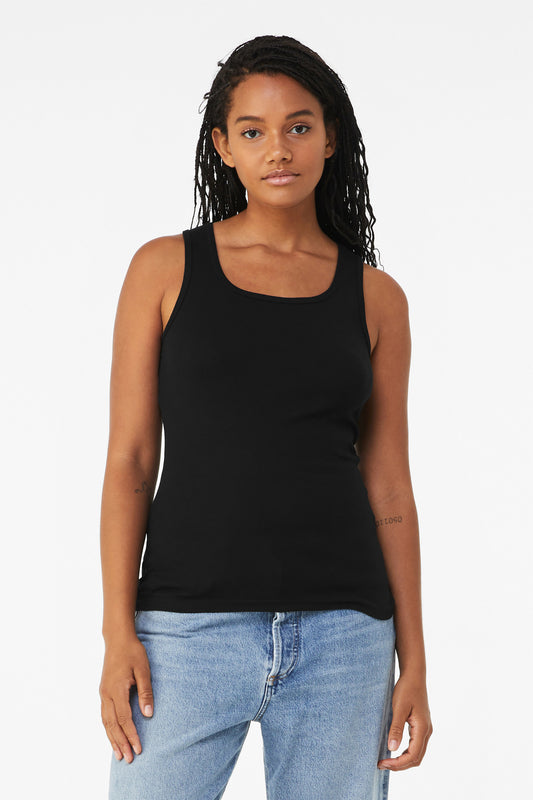 Front View of Black BELLA+CANVAS Women's Baby Rib Tank BC1080 - S