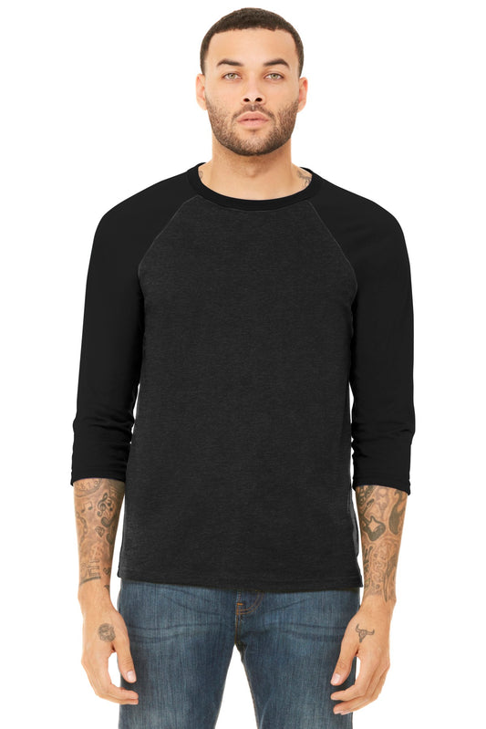 Front View of Black Ht/Black BELLA+CANVAS Unisex 3/4-Sleeve Baseball Tee. BC3200 - XS