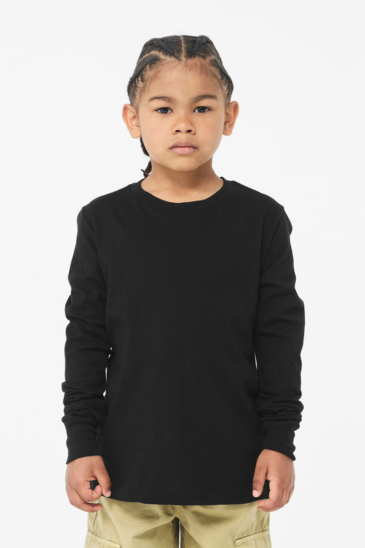 Front View of Black BELLA+CANVAS Youth Jersey Long Sleeve Tee BC3501Y - S