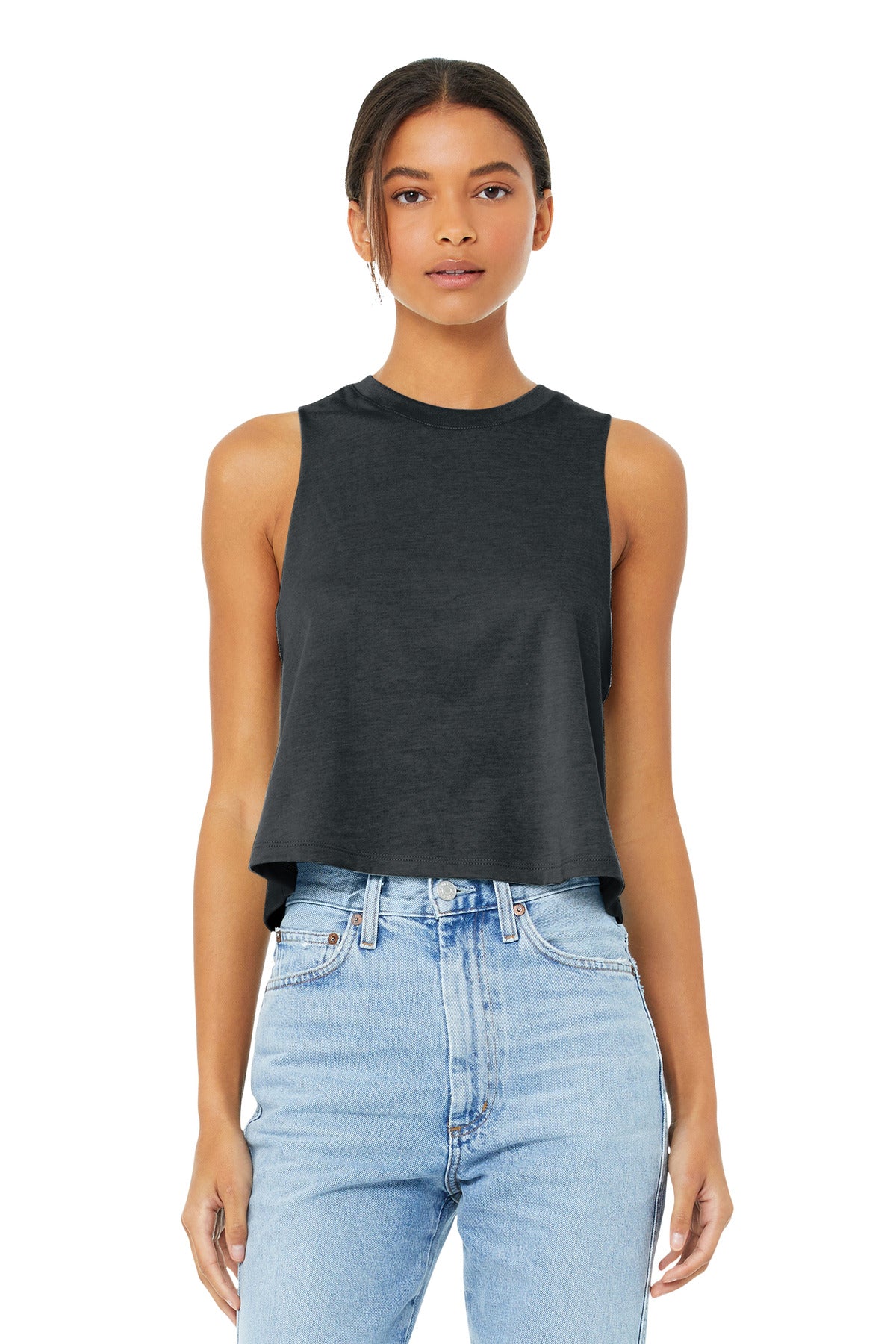 Front View of Dark Grey Ht BELLA+CANVAS Women's Racerback Cropped Tank. BC6682 - S