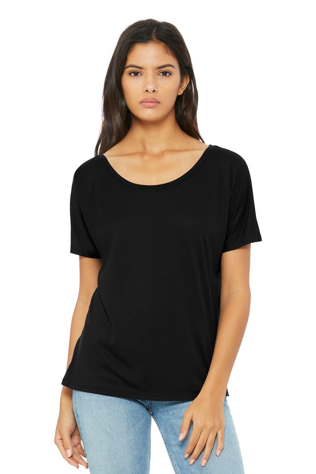 Front View of Black BELLA+CANVAS Women's Slouchy Tee. BC8816 - S