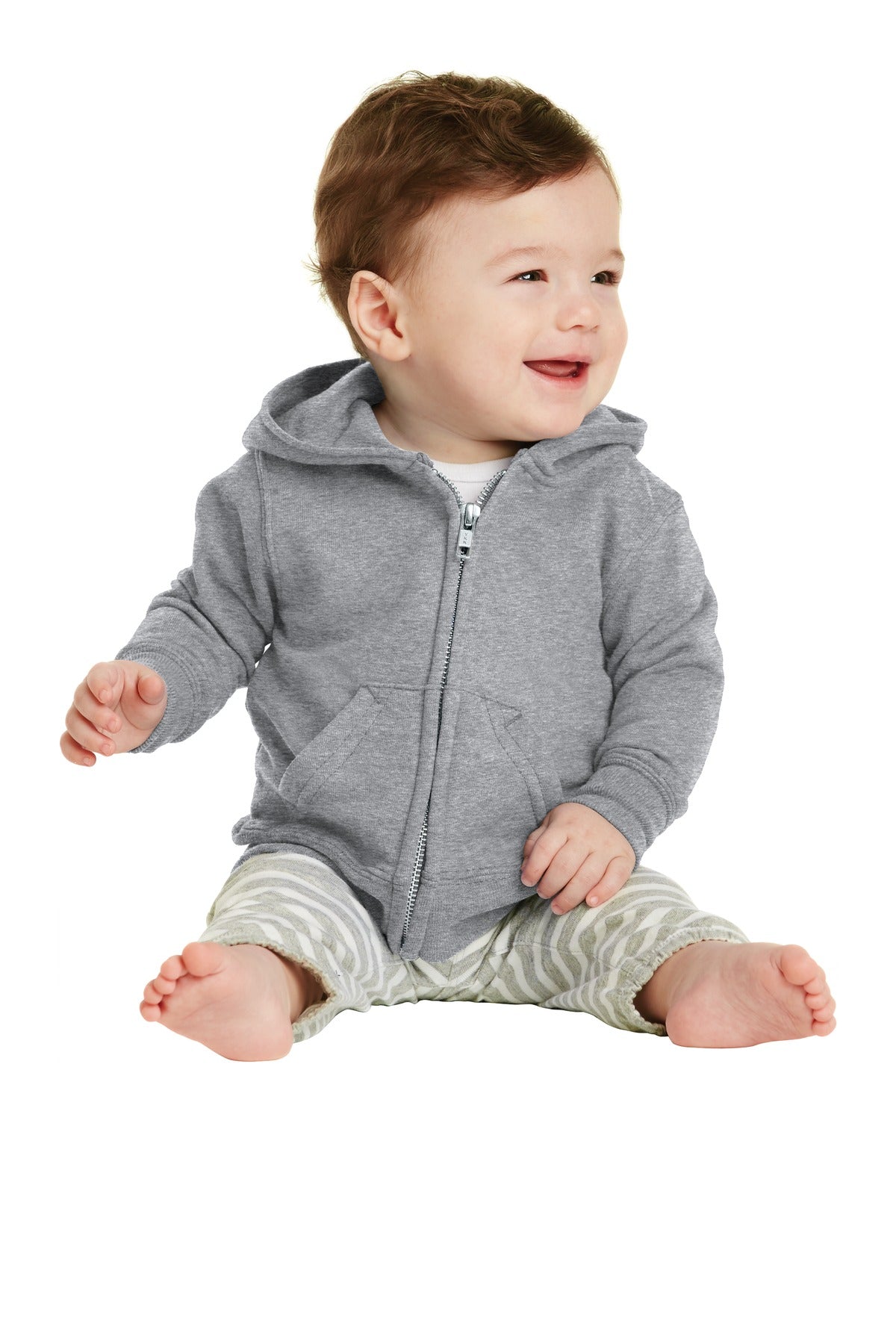 Front View of Athl Heather Port & Co Infant Core Fleece Full-Zip Hooded Sweatshirt. CAR78IZH - 12M