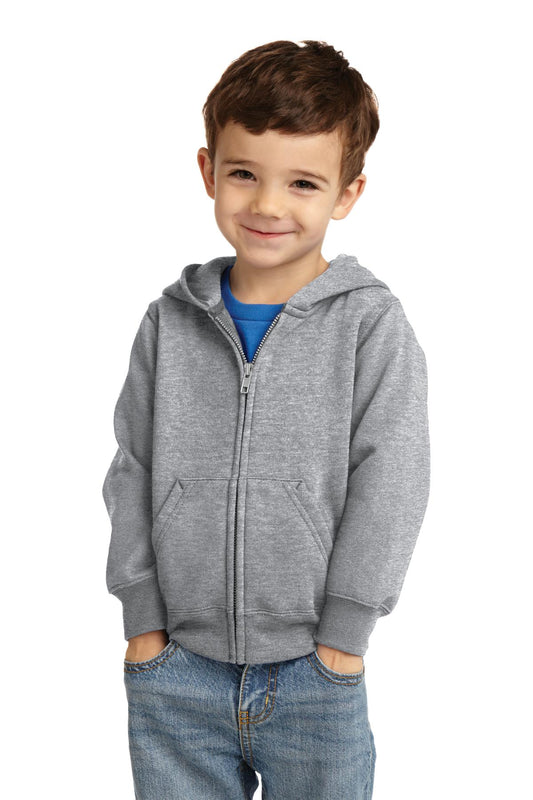 Front View of Athl Heather Port & Co Toddler Core Fleece Full-Zip Hooded Sweatshirt. CAR78TZH - 2T