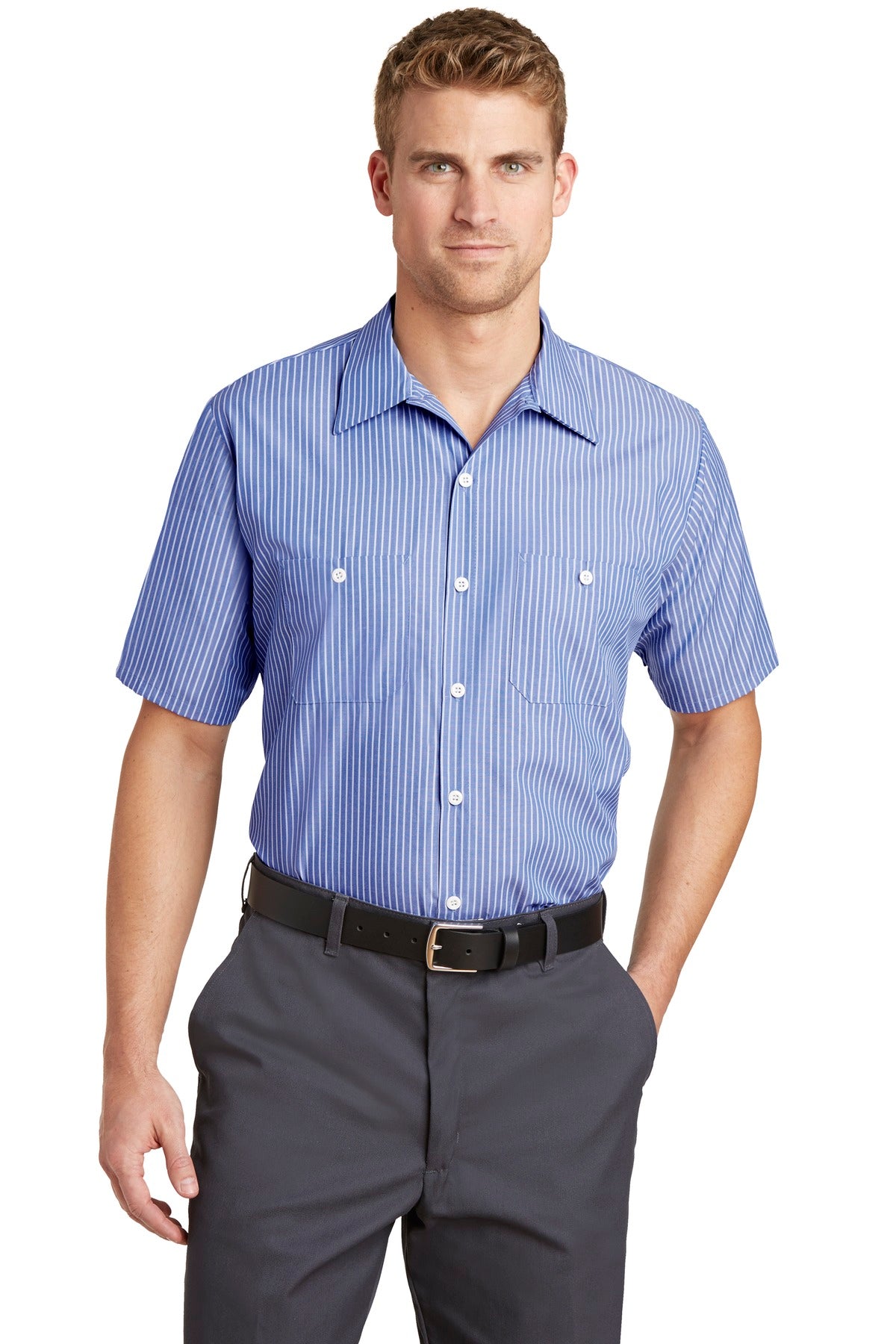 Front View of Blue/White Red Kap Short Sleeve Striped Industrial Work Shirt. CS20 - MR
