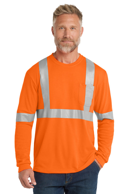 Front View of Safety Orange CornerStone ANSI 107 Class 2 Long Sleeve Safety T-Shirt. CS401LS - XS