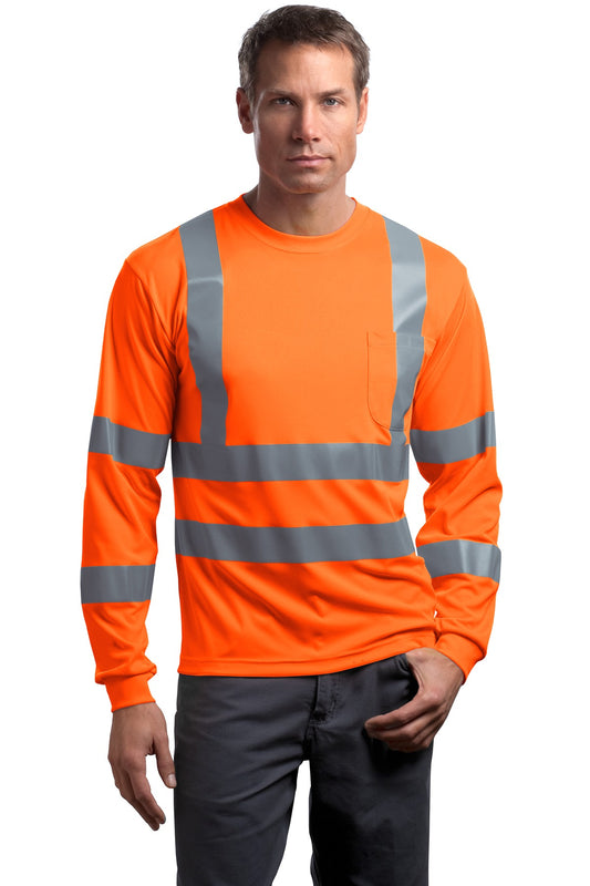 Front View of Safety Orange CornerStone - ANSI 107 Class 3 Long Sleeve Snag-Resistant Reflective T-Shirt. CS409 - XS