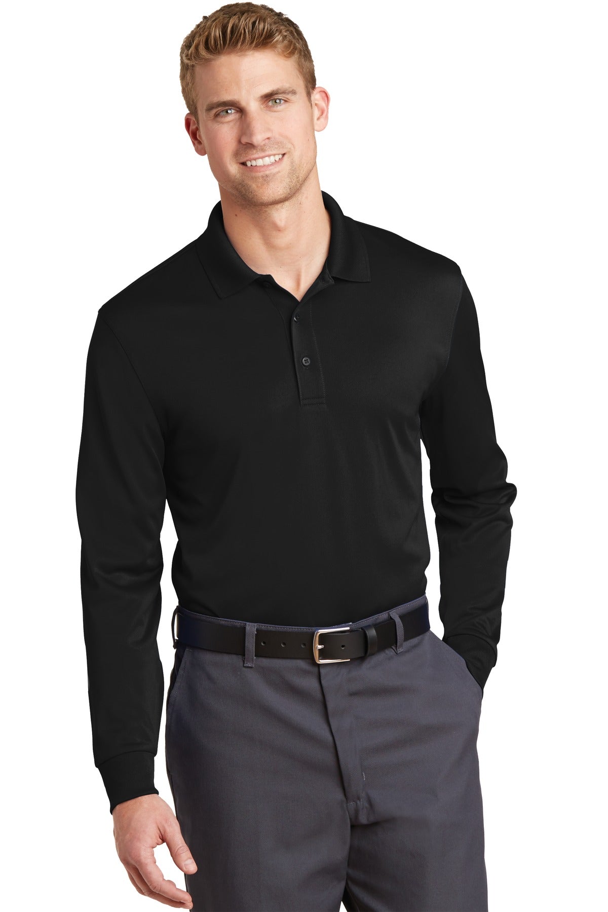 Front View of Black CornerStone Select Snag-Proof Long Sleeve Polo. CS412LS - XS