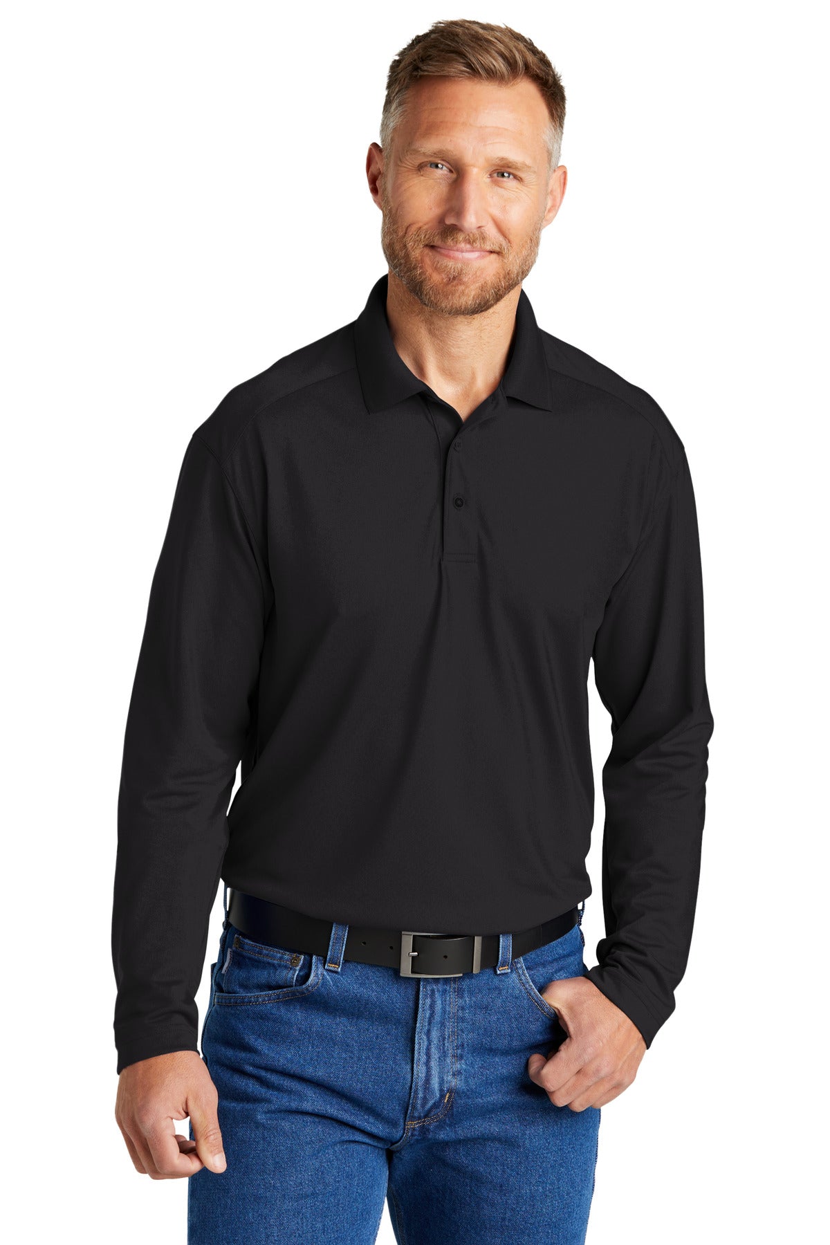 Front View of Black CornerStone Select Lightweight Snag-Proof Long Sleeve Polo CS418LS - XS