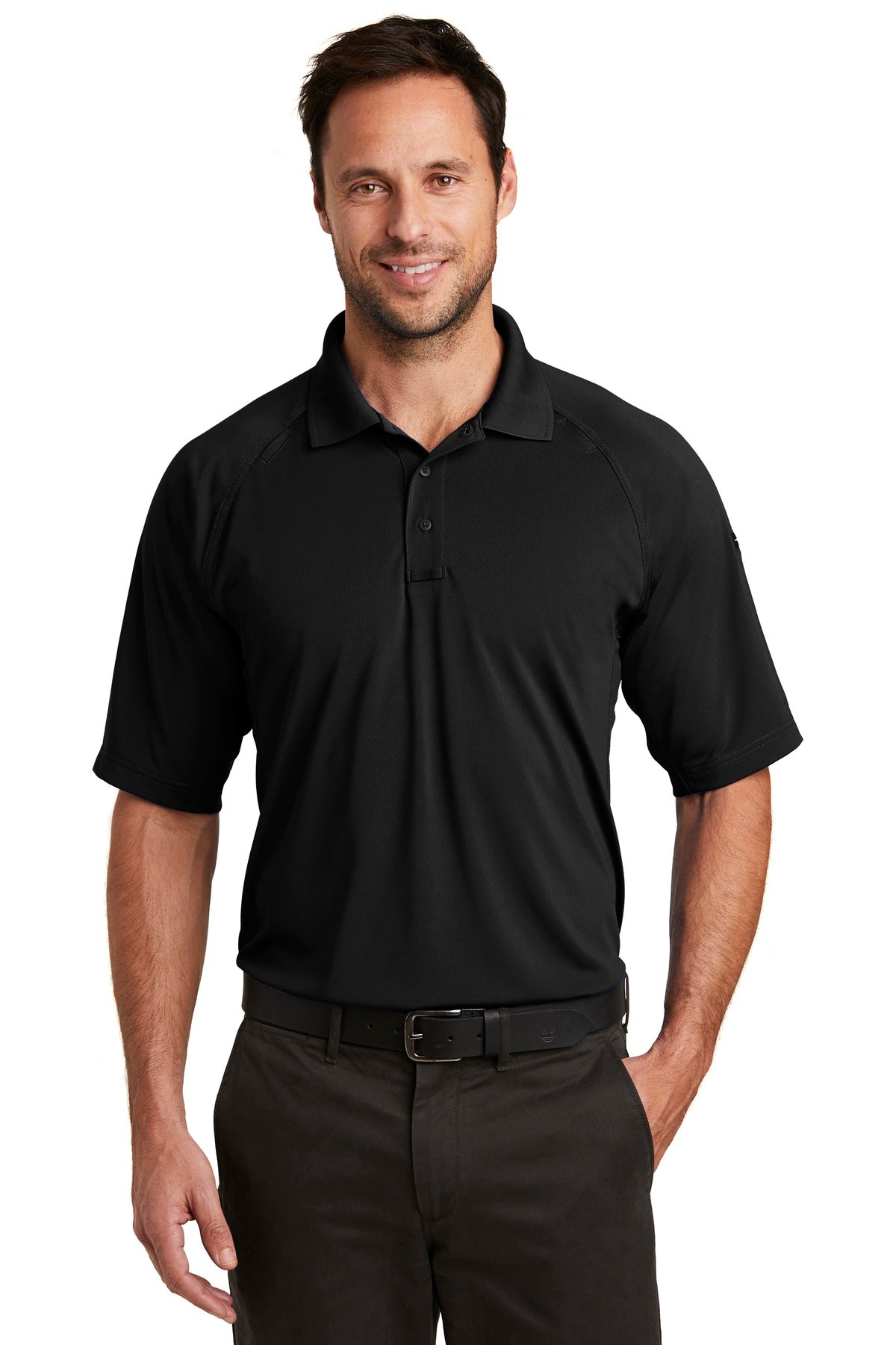 Front View of Black CornerStone Select Lightweight Snag-Proof Tactical Polo. CS420 - XS