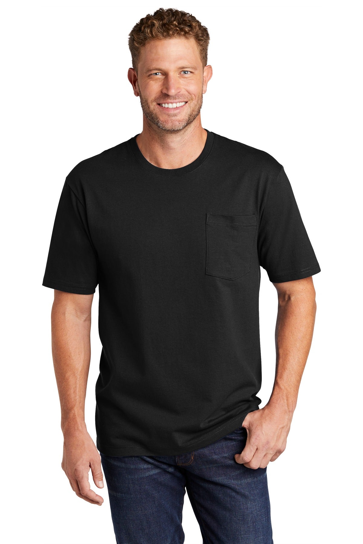 Front View of Black CornerStone Workwear Pocket Tee CS430 - S