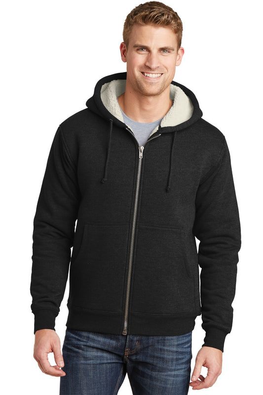 Front View of Black CornerStone Heavyweight Sherpa-Lined Hooded Fleece Jacket. CS625 - XS