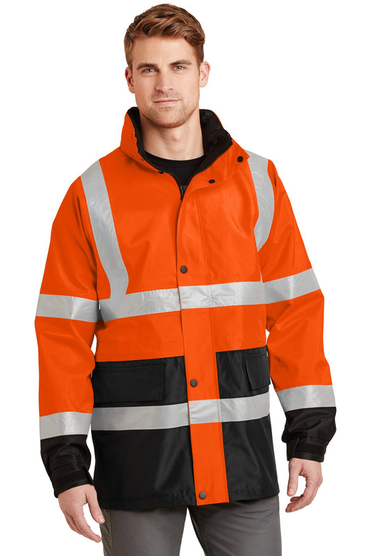 Front View of Safety Orange CornerStone - ANSI 107 Class 3 Waterproof Parka. CSJ24 - S