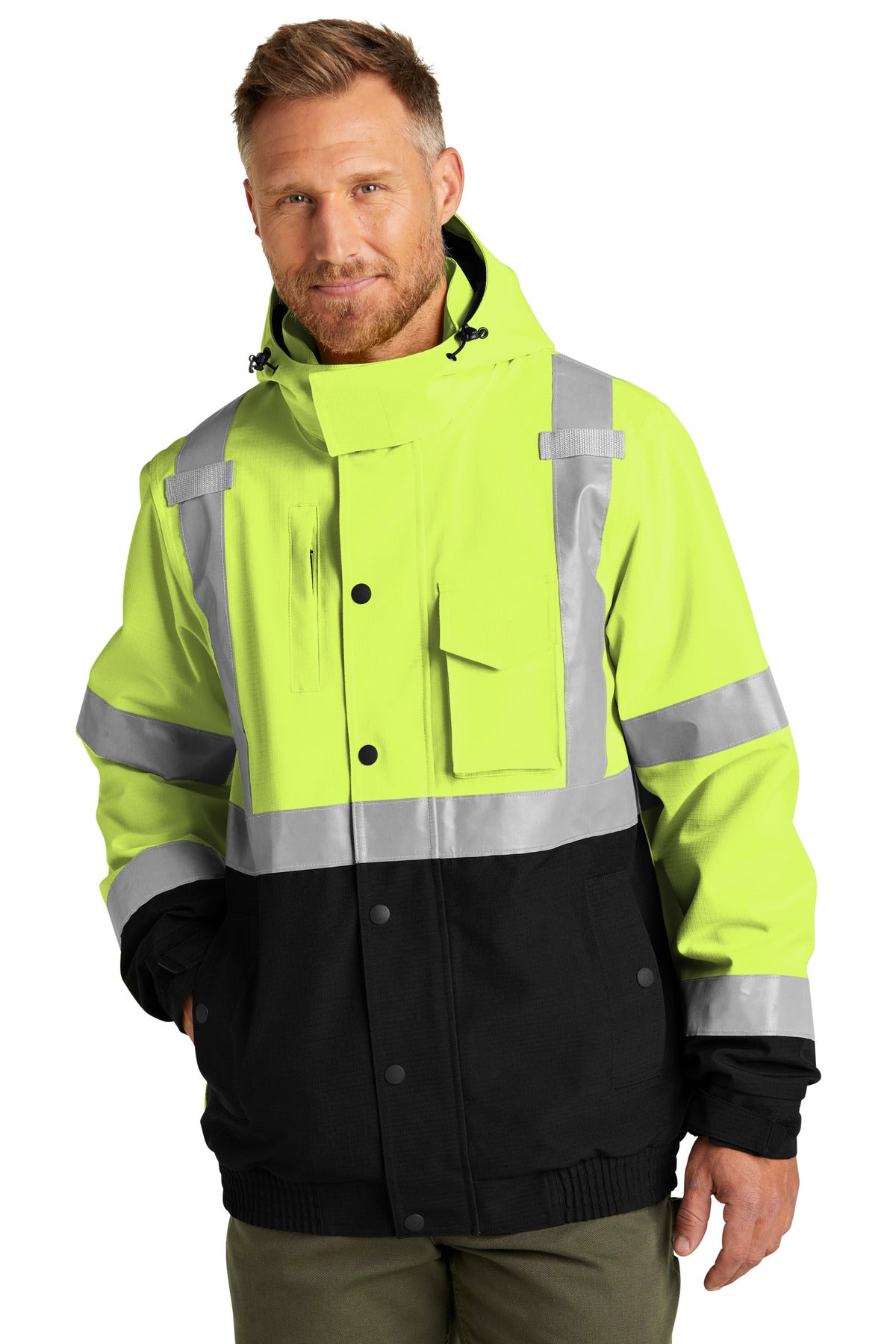 Front View of SftyYellow CornerStone ANSI 107 Class 3 Waterproof Insulated Ripstop Bomber Jacket CSJ501 - S