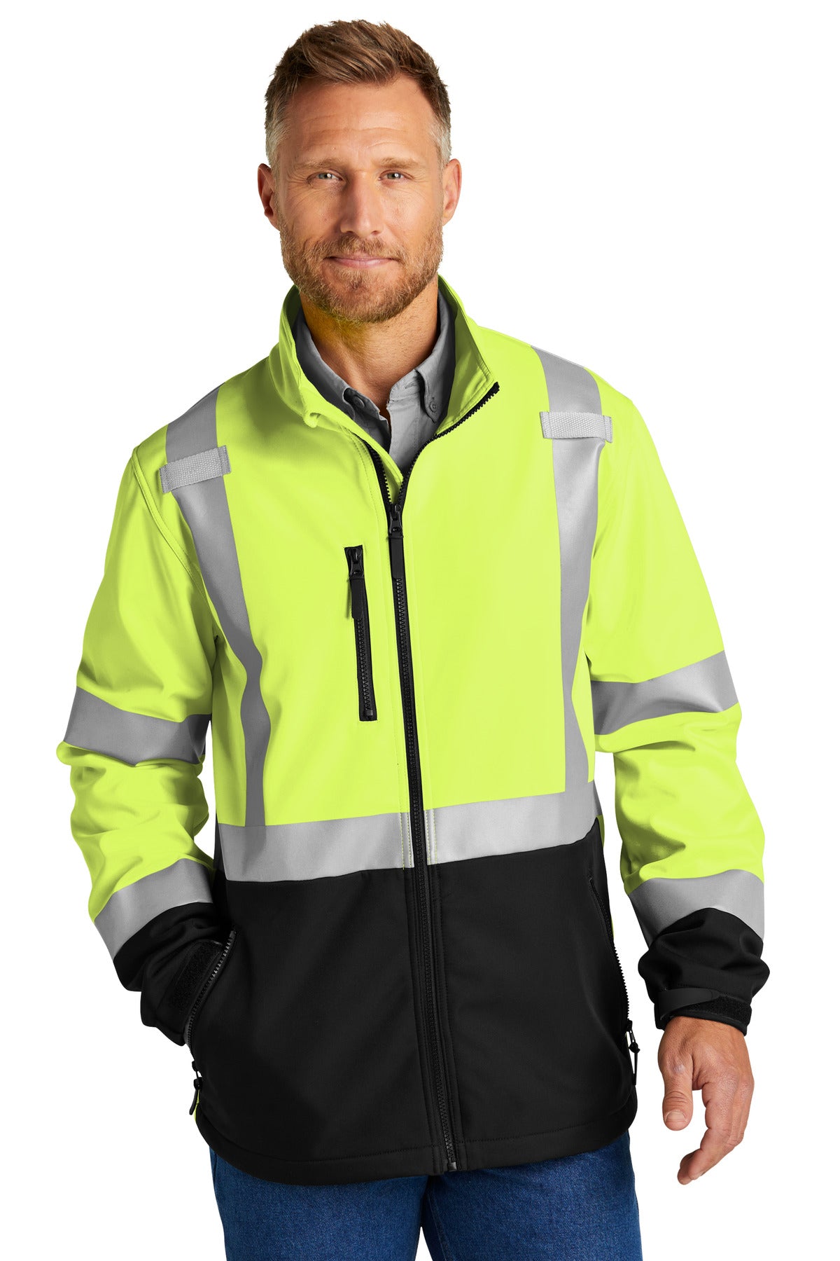 Front View of SftyYellow CornerStone ANSI 107 Class 3 Soft Shell Jacket CSJ503 - S