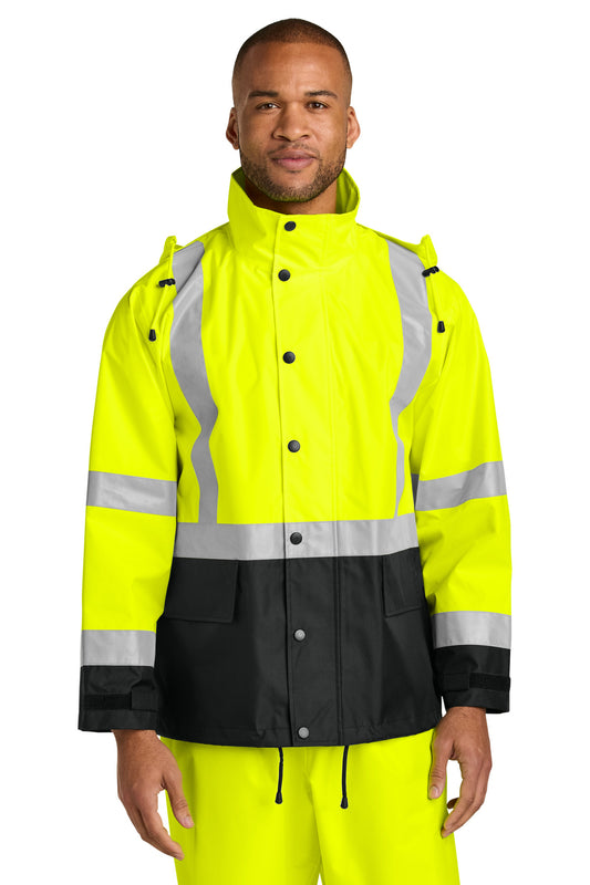 Front View of SftyYl/Blk CornerStone ANSI 107 Class 3 Rain Jacket CSJ504 - S/M