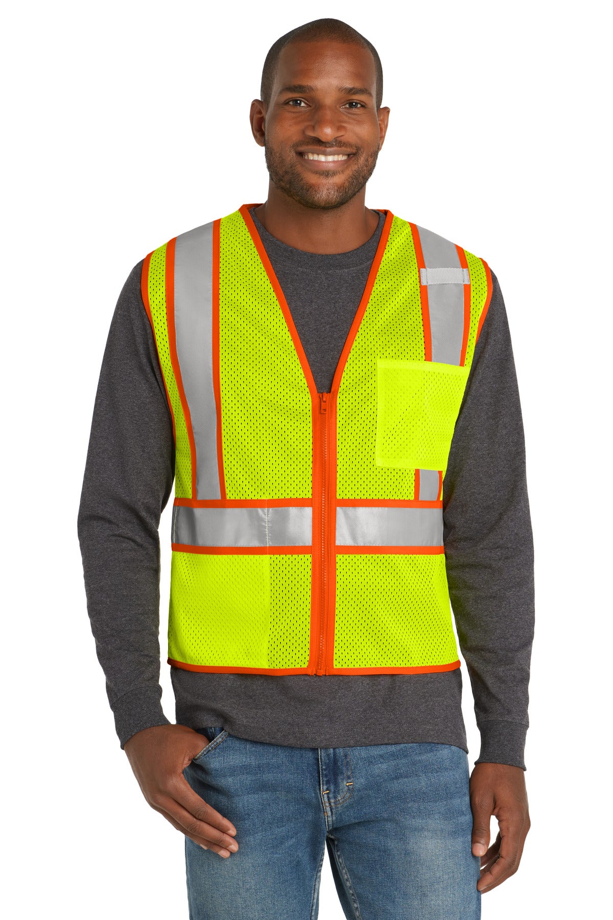 Front View of SftyYellow CornerStone ANSI 107 Class 2 Mesh Zippered Two-Tone Vest. CSV103 - S/M