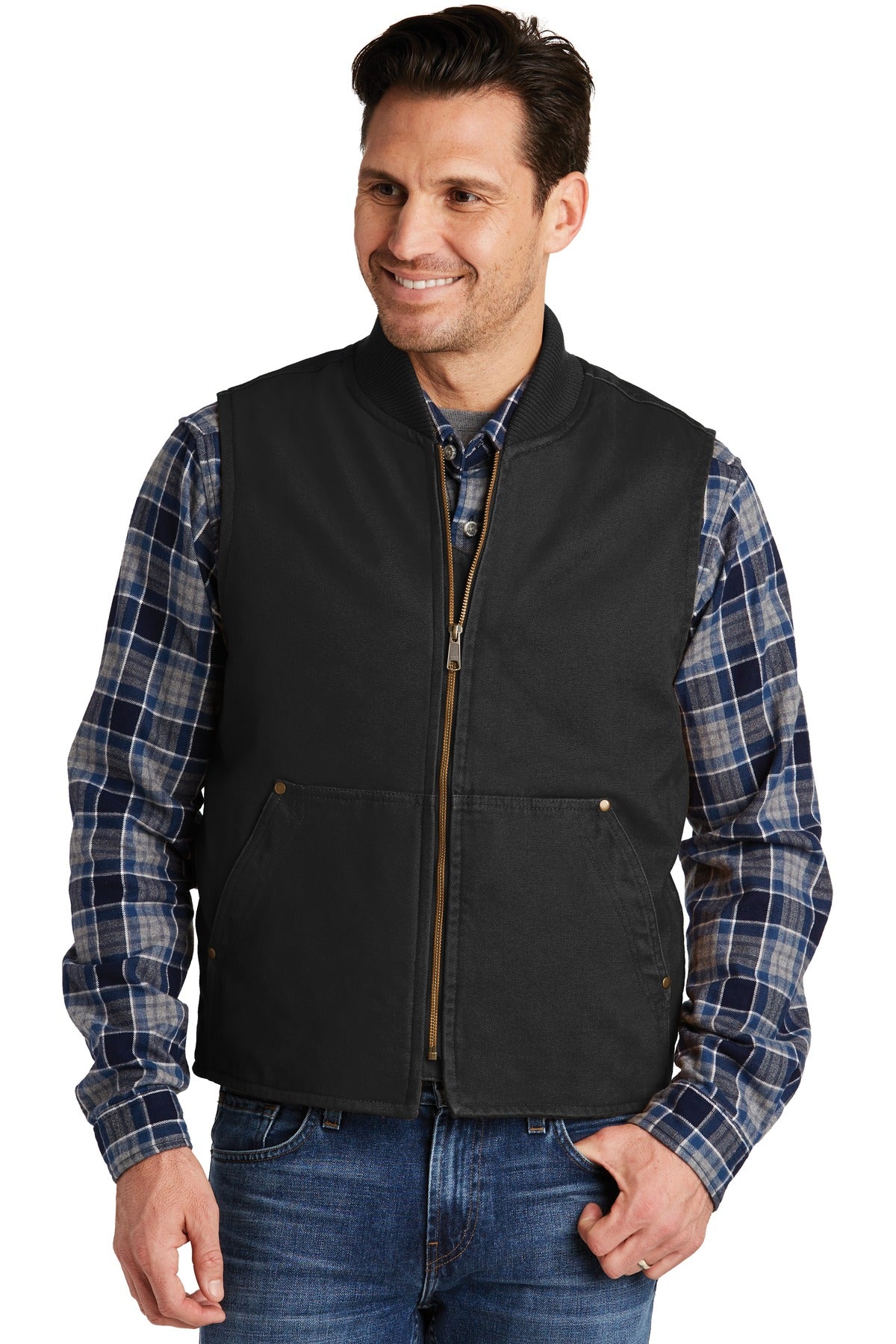 Front View of Black CornerStone Washed Duck Cloth Vest. CSV40 - XS