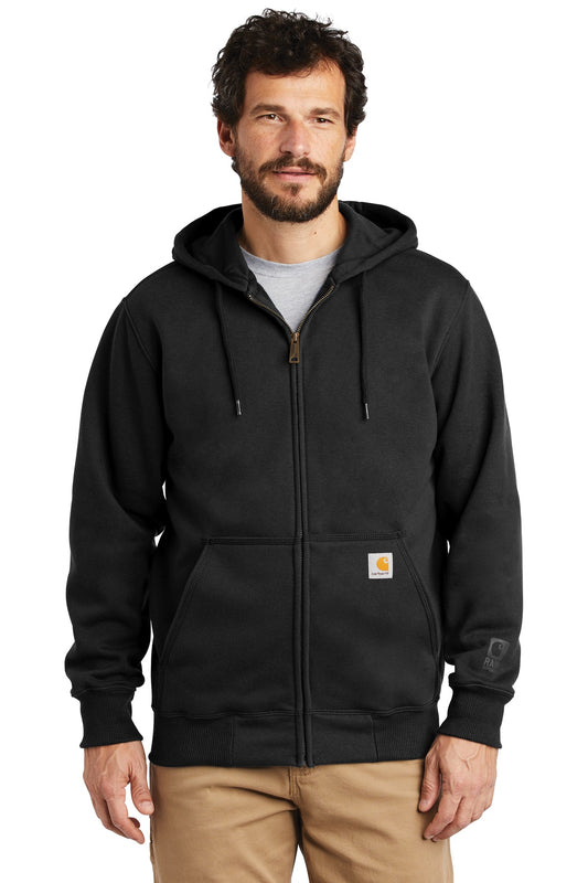 Front View of Black Carhartt Rain Defender Paxton Heavyweight Hooded Zip-Front Sweatshirt. CT100614 - S