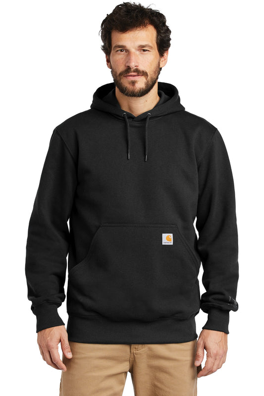 Front View of Black Carhartt Rain Defender Paxton Heavyweight Hooded Sweatshirt. CT100615 - S