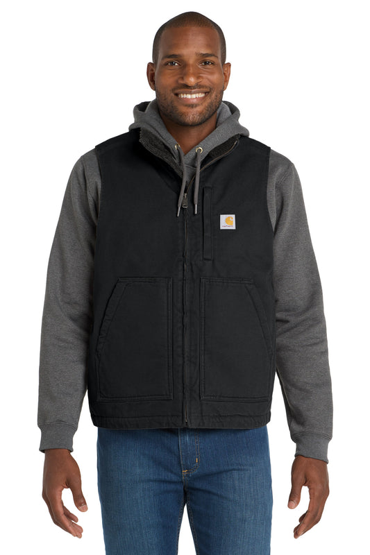 Front View of Black Carhartt Sherpa-Lined Mock Neck Vest CT104277 - S