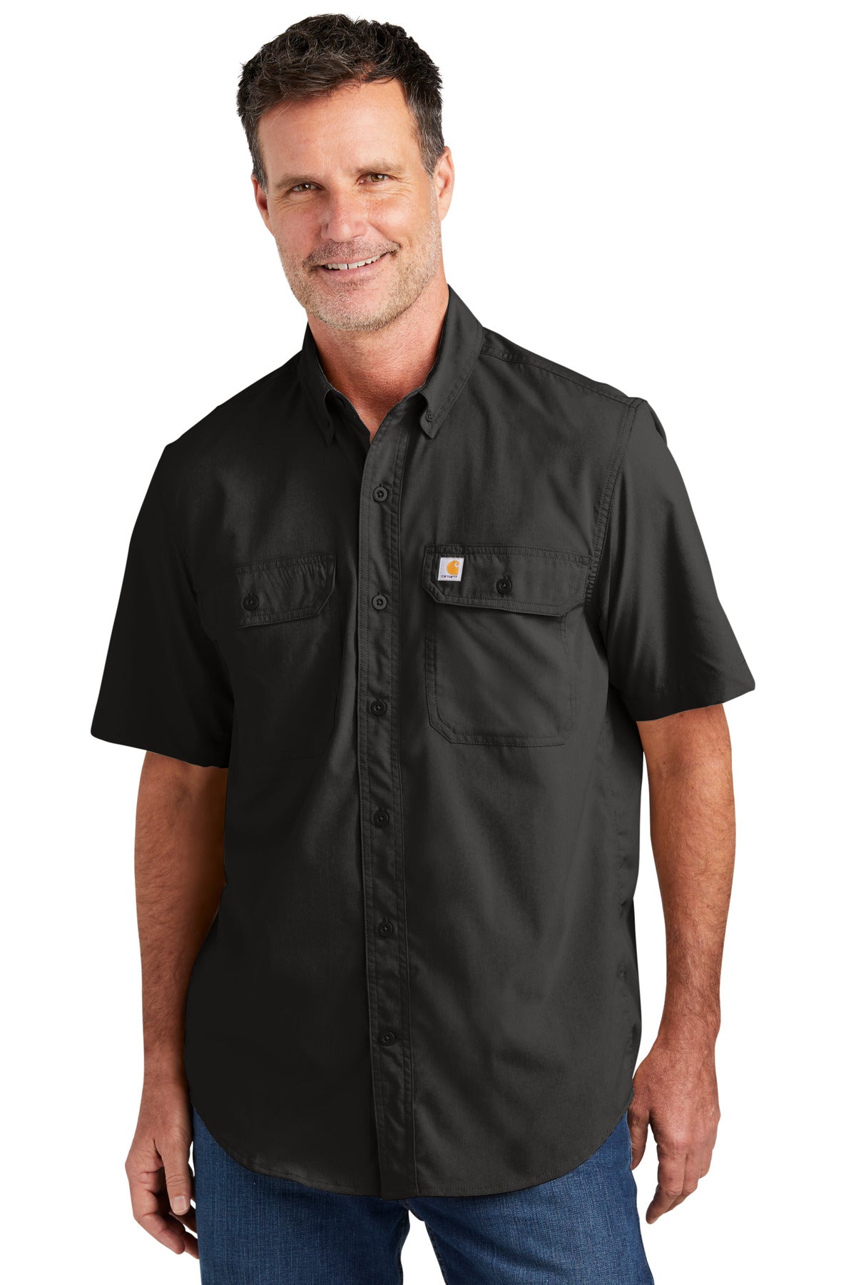 Front View of Black Carhartt Force Solid Short Sleeve Shirt CT105292 - S