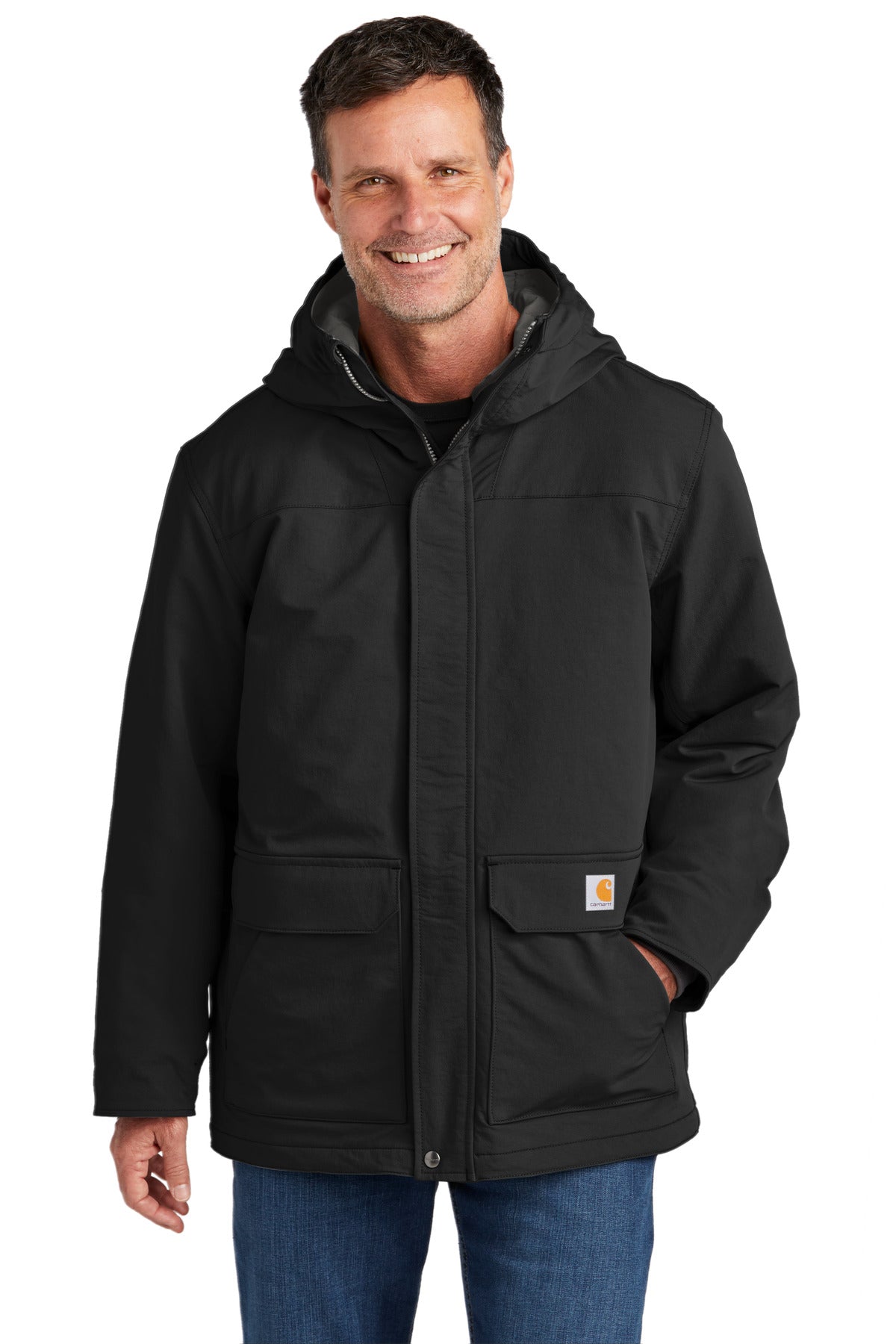Front View of Black Carhartt Super Dux Insulated Hooded Coat CT105533 - S
