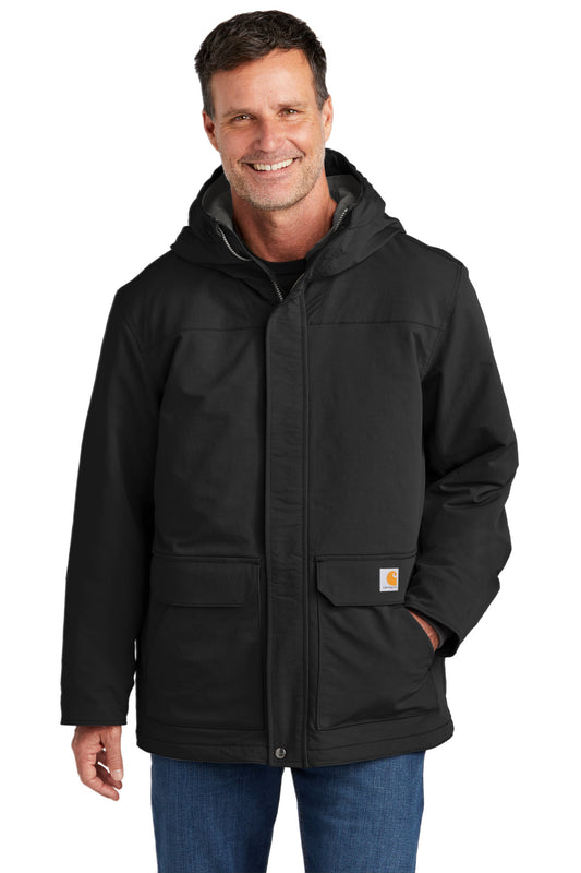 Front View of Black Carhartt Super Dux Insulated Hooded Coat CT105533 - S