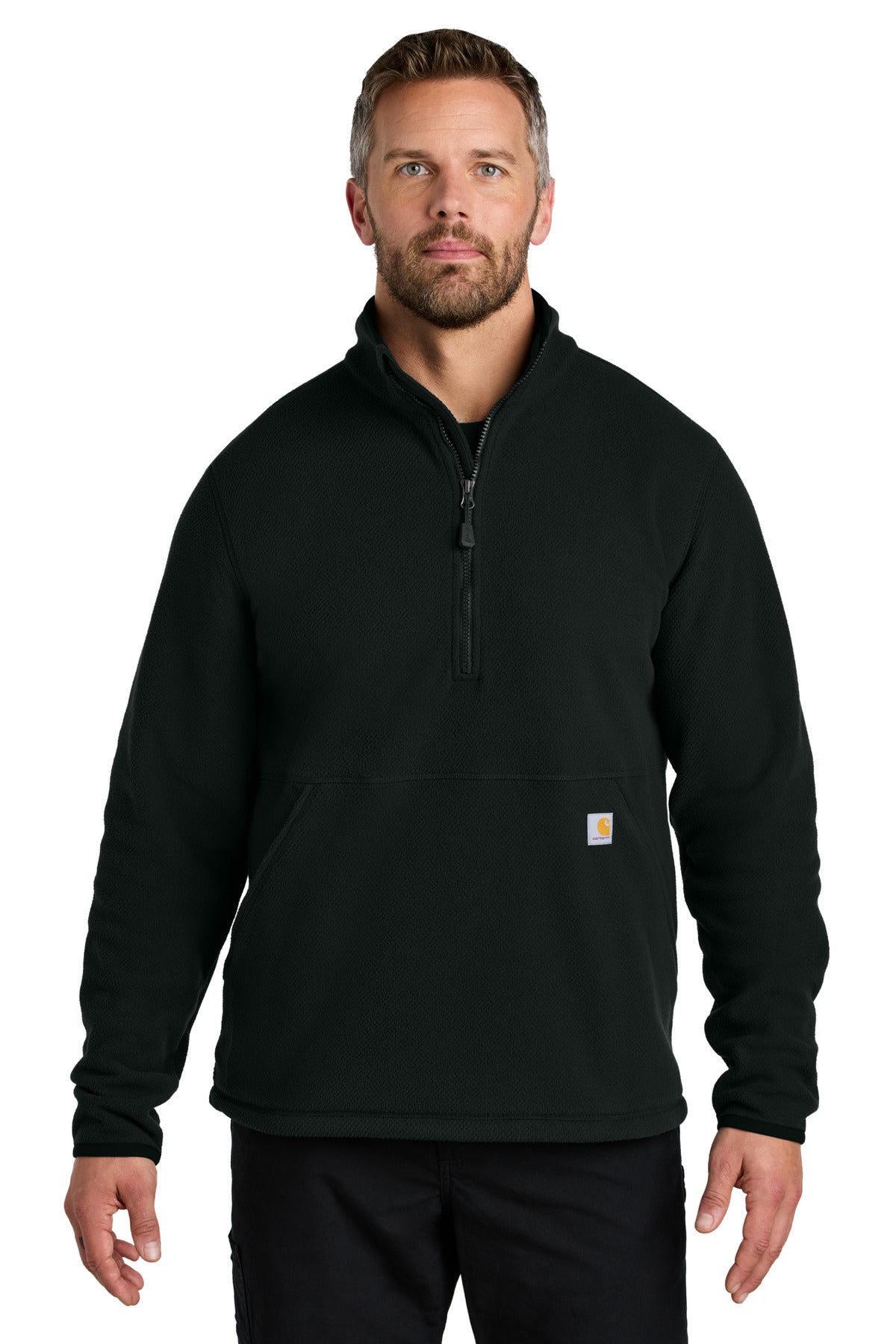 Front View of Black Carhartt Textured 1/2-Zip Fleece Jacket CT106417 - S