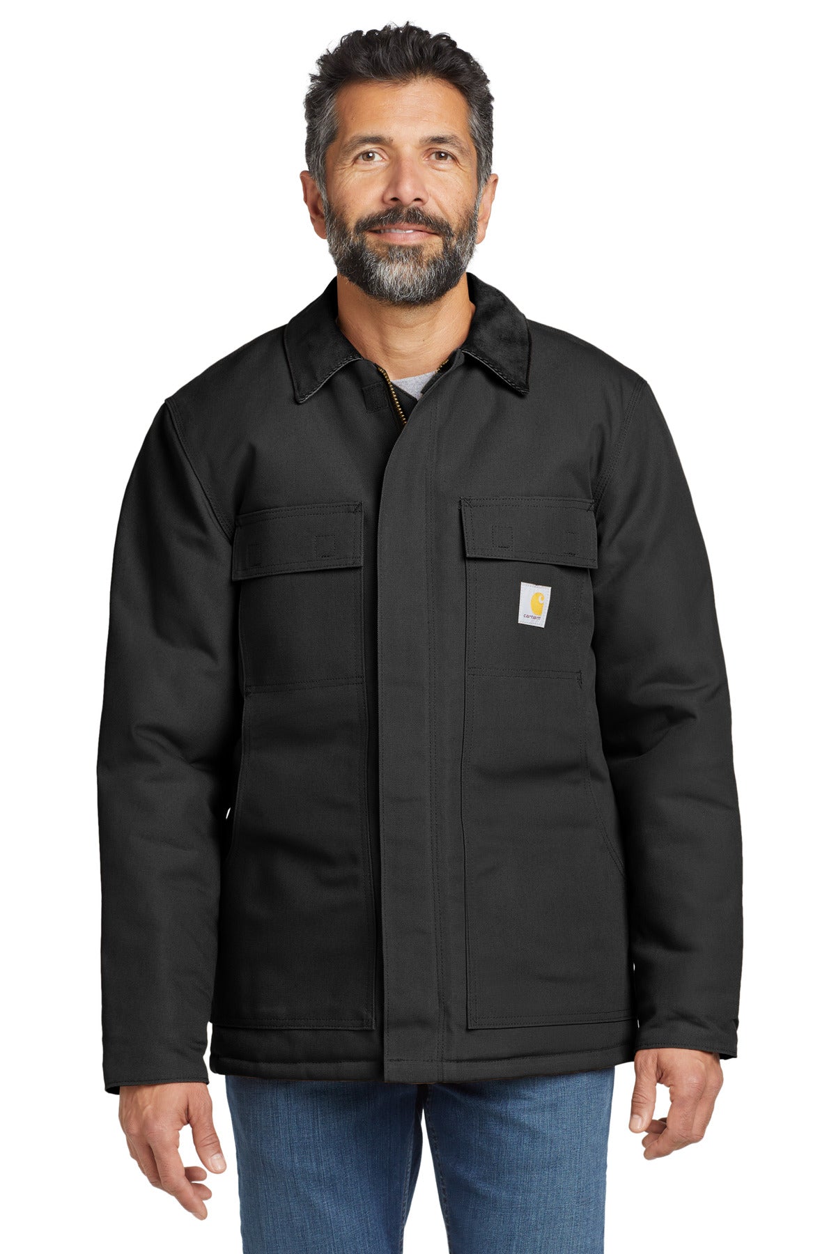 Front View of Black Carhartt Duck Traditional Coat. CT106674 - S