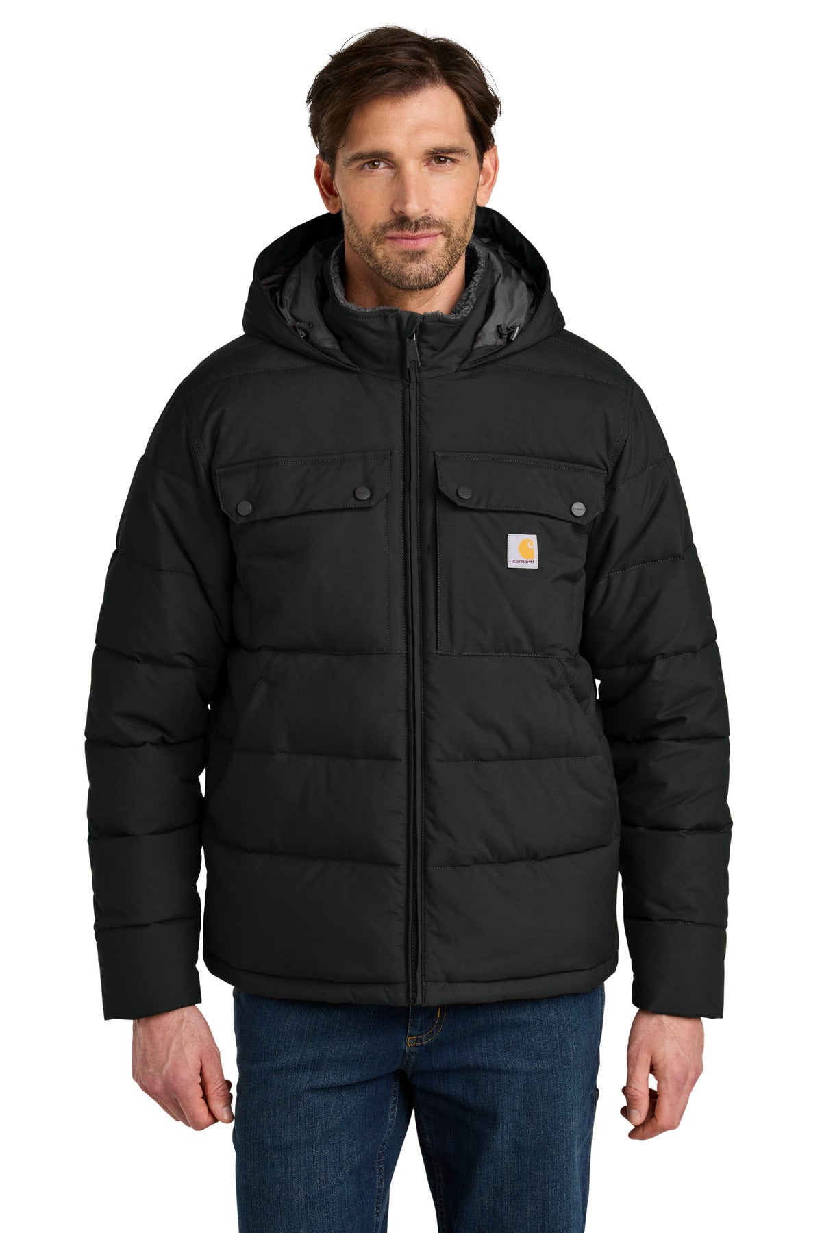 Front View of Black Carhartt Montana Insulated Hooded Jacket CT107082 - S