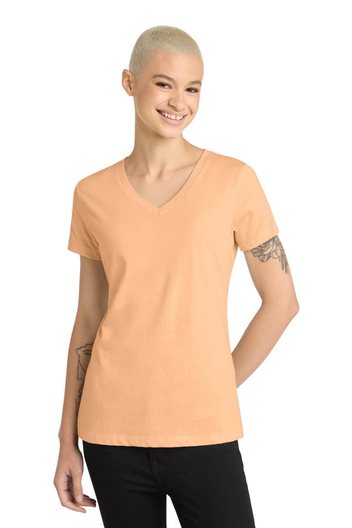 Front View of Apricot District - Women's Perfect Weight V-Neck Tee. DM1170L - M