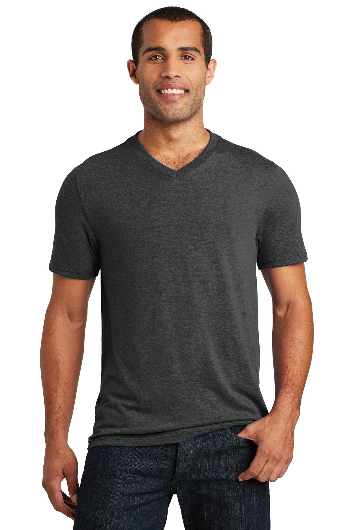 Front View of Black Frost District Perfect Tri V-Neck Tee. DT1350 - XS