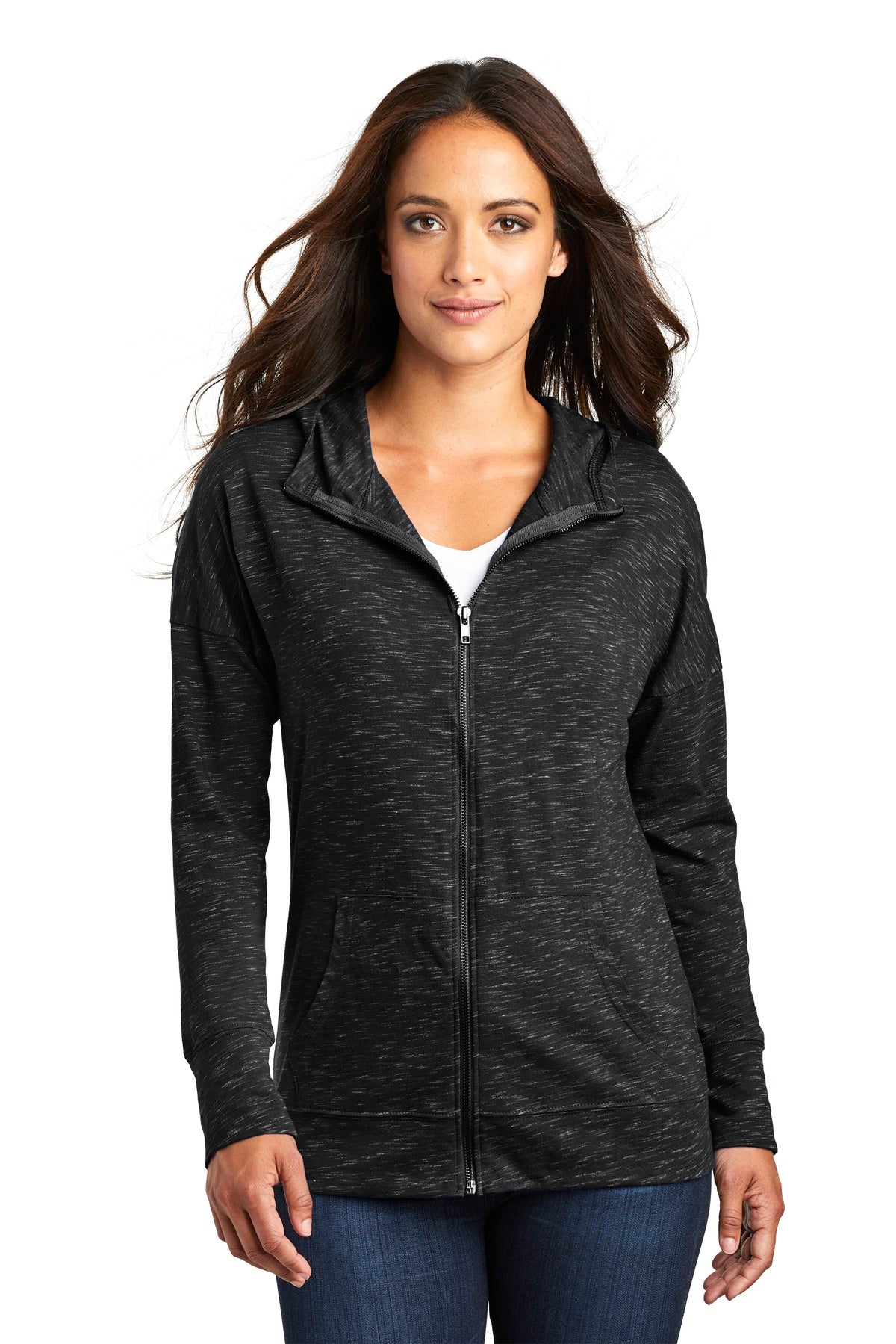 Front View of Black District Women's Medal Full-Zip Hoodie. DT665 - L